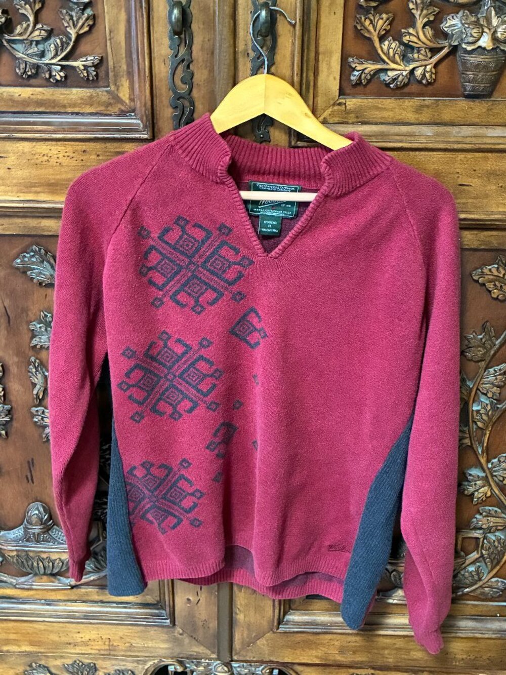 Woolrich Womens XL Deep Ruby Geometric Cotton Pullover Sweater Cabin Core Lodge